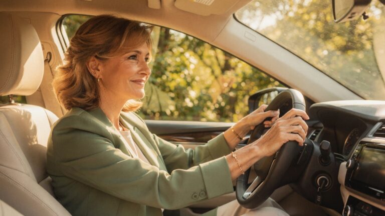 A woman in her late forties sitting in a parked car in bright morning light, hand on the wheel, looking out with a calm, faintly amused expression
