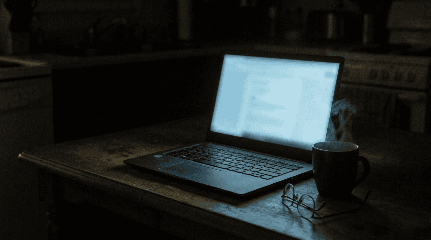 A laptop glowing on a kitchen table late at night beside a cooling mug, the hour of rereading emails already sent.