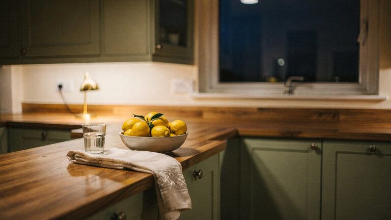A quiet kitchen late at night, lit by one small lamp, the counter finally clear after the last task of the day