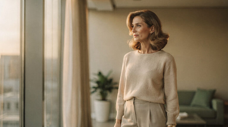 A composed woman in her late forties stands by a tall office window in warm morning light, looking out thoughtfully.