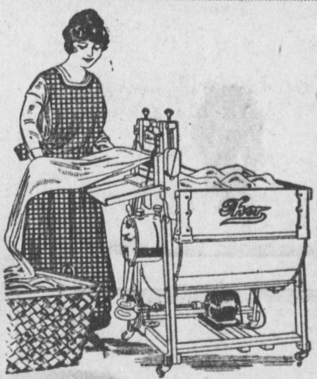 A 1917 newspaper advertisement for the Thor electric washing machine promising to save the housewife time