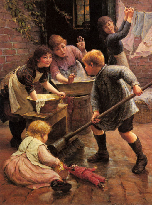 A 19th-century washing day, women working over tubs with the whole day given to laundry