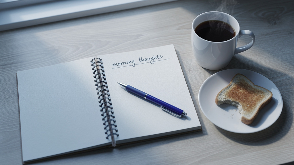 An open notebook reading "morning thoughts" beside a pen, a steaming mug of coffee, and a half-eaten piece of toast on a kitchen table