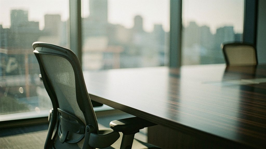 An empty conference room chair pulled back from a long table, city skyline visible out of focus through the window