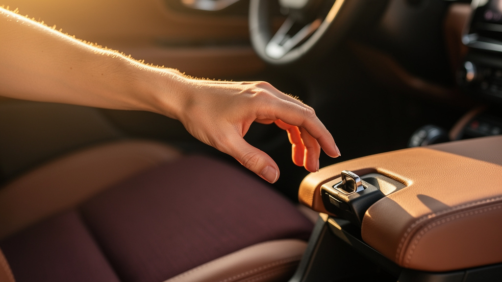 A hand and forearm reaching toward a car seatbelt buckle, warm afternoon light through the car window