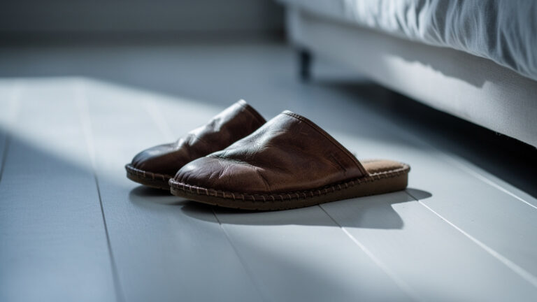 A pair of worn brown leather house slippers on a pale wood floor beside a bed, lit by a shaft of cool morning light