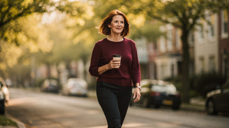 A woman with an auburn bob in a burgundy sweater walks along a tree-lined street holding a coffee cup, smiling