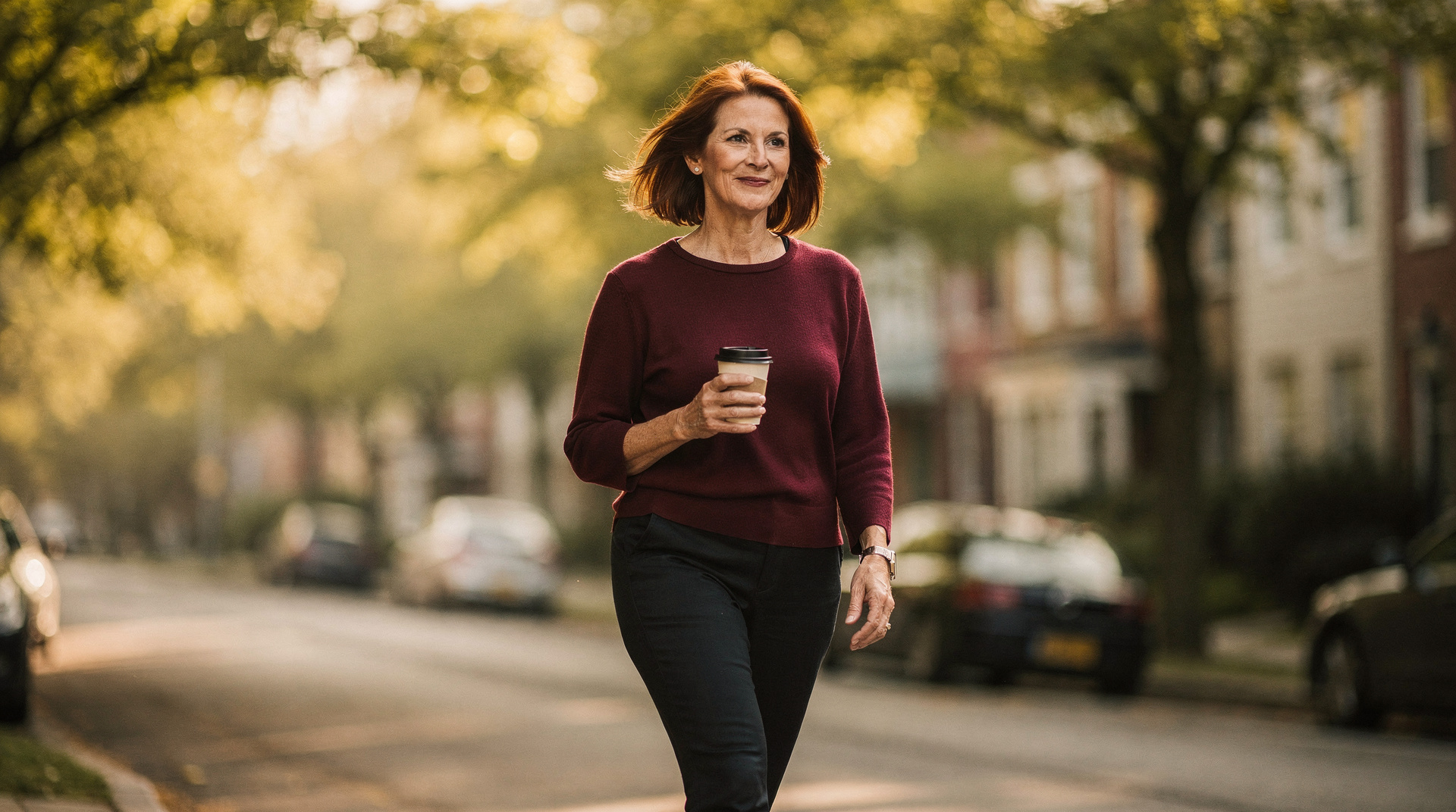 A woman with an auburn bob in a burgundy sweater walks along a tree-lined street holding a coffee cup, smiling