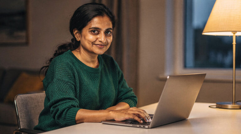 A woman with a dark braid sits at a home desk in lamp light, hand on a laptop, smiling and relaxed