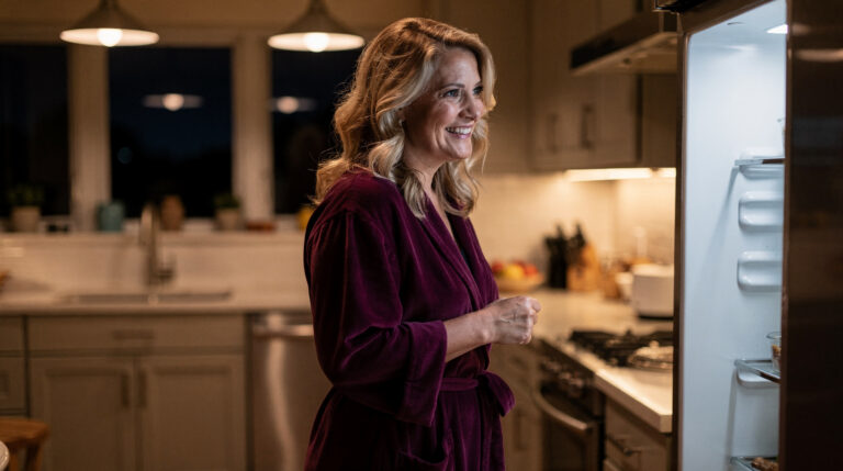 A woman in a plum robe stands at an open refrigerator in a warmly lit kitchen at night, smiling with amusement