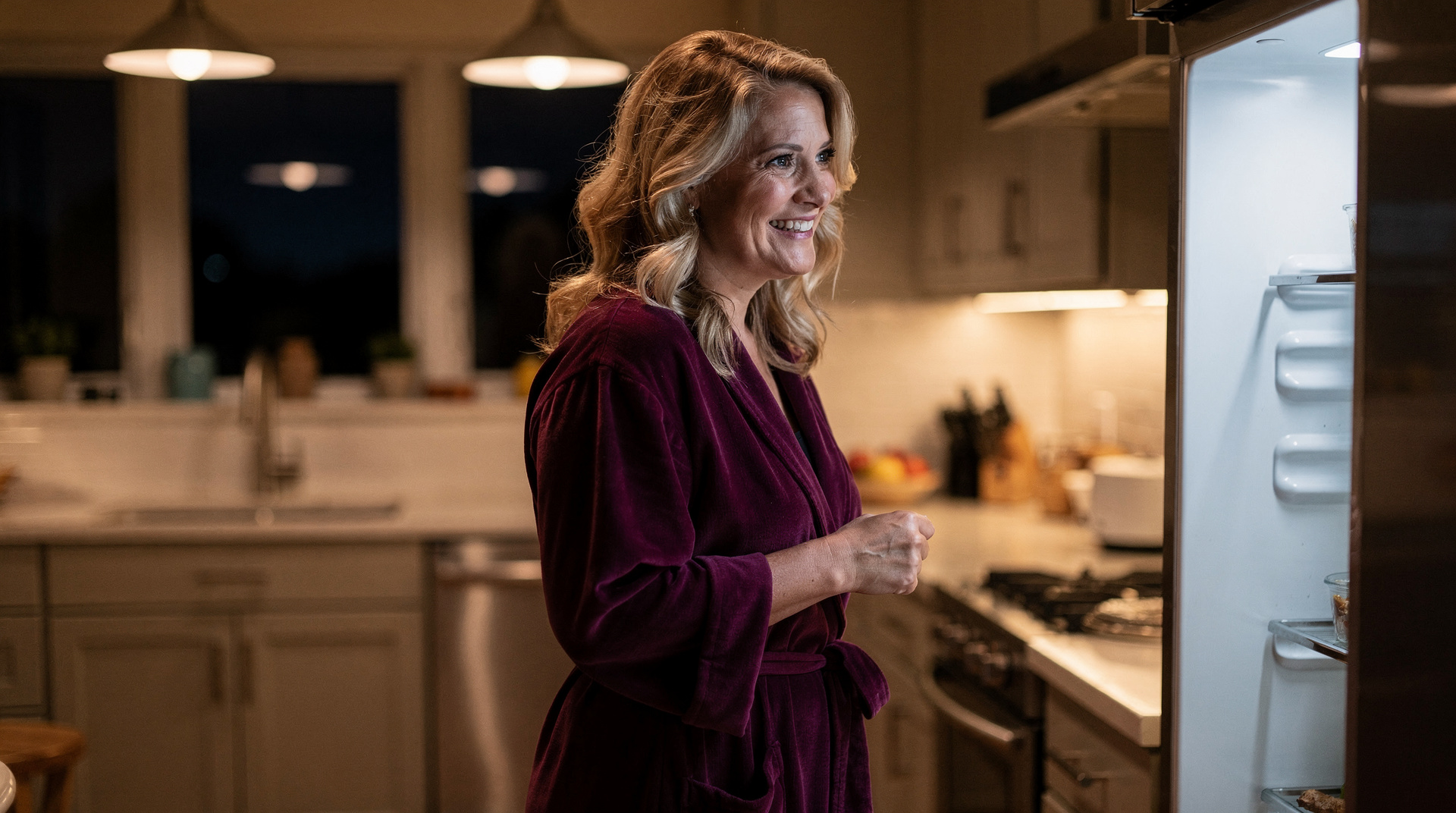 A woman in a plum robe stands at an open refrigerator in a warmly lit kitchen at night, smiling with amusement