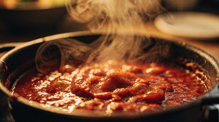 Extreme close-up of steam rising off a simmering pot of red tomato sauce in warm amber kitchen light