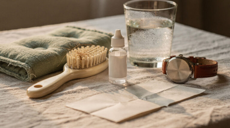 Eye drops, a hairbrush with loose strands, a folded compress and a watch face down on linen, the everyday objects of weird perimenopause symptoms