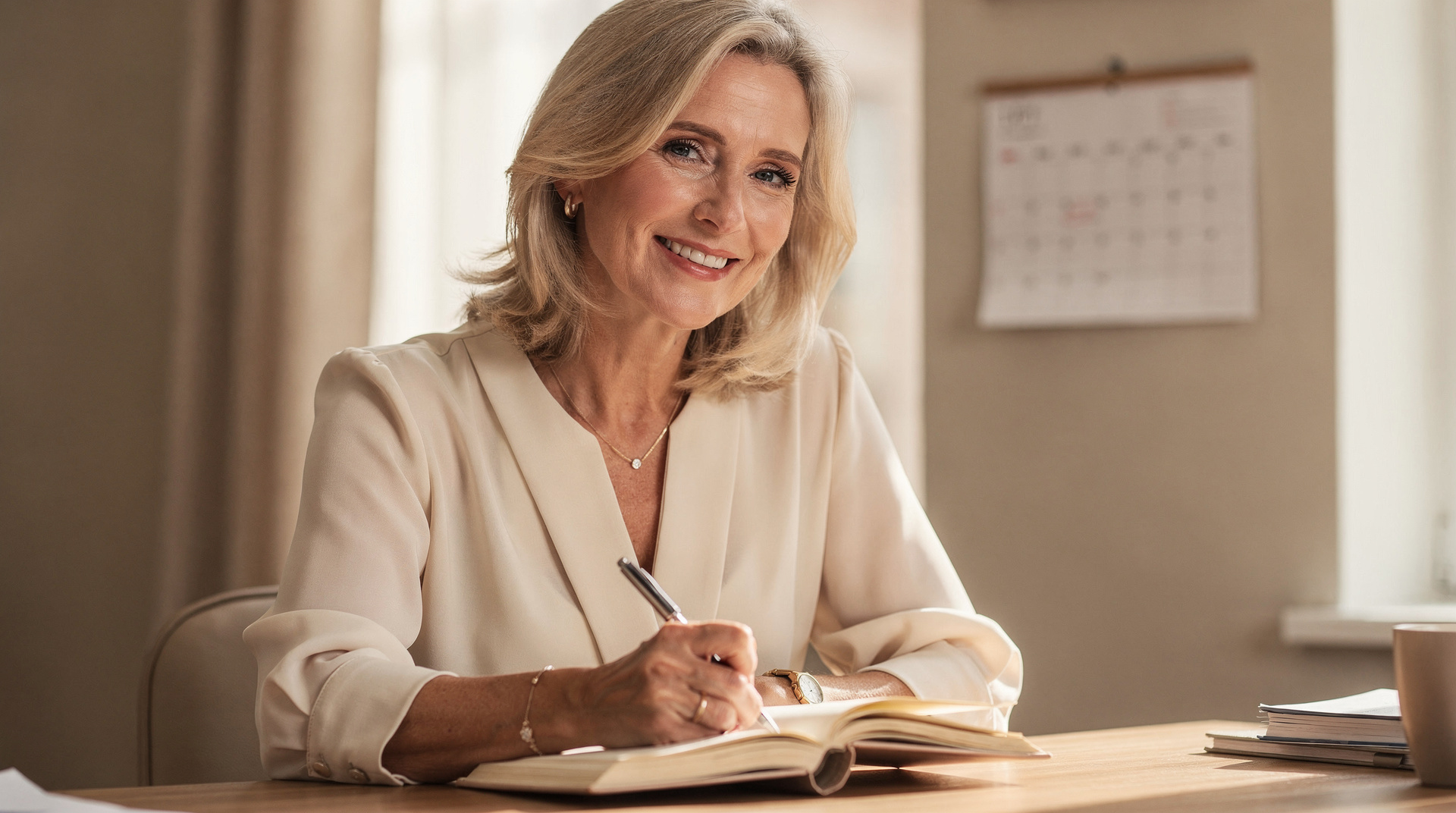 Smiling woman with blonde hair writing at a desk near a window