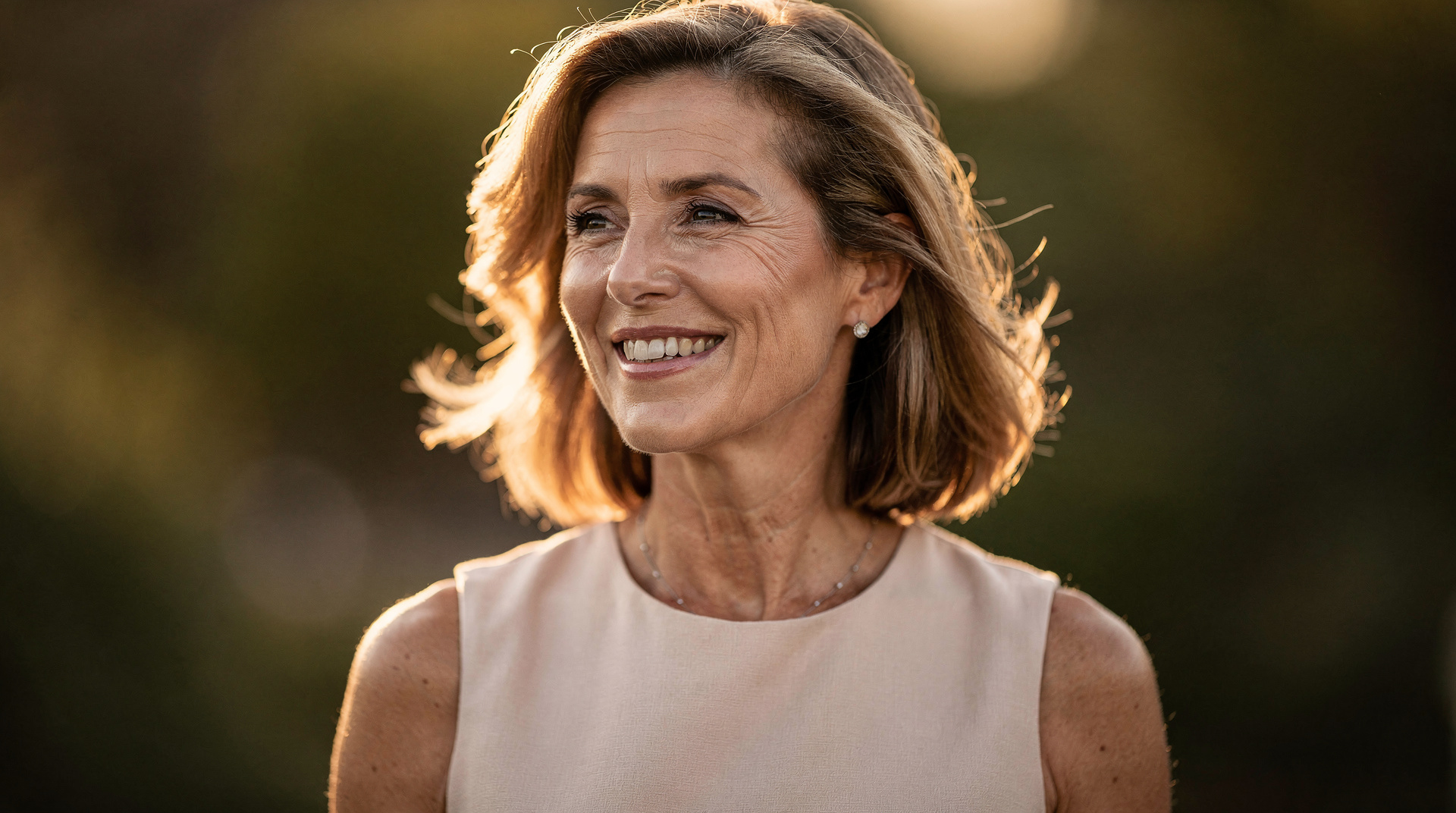 Smiling woman with warm brown hair outdoors in golden hour light