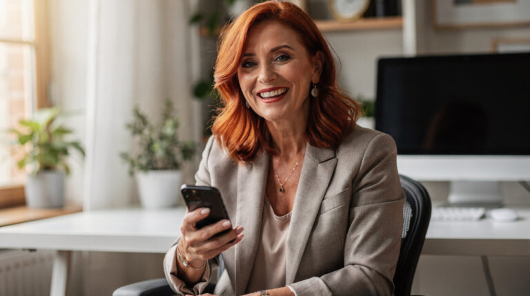 Smiling woman with red hair holding a phone at a home office desk