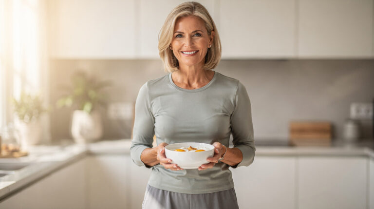 Smiling woman with blonde hair holding a bowl of breakfast in a bright kitchen
