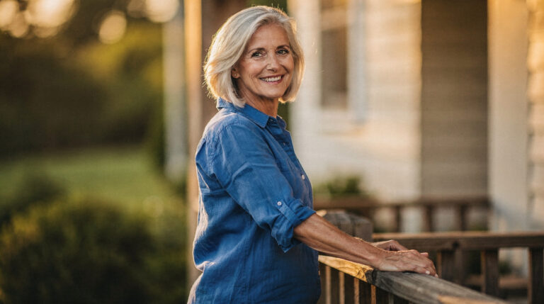 A woman with a silver blonde bob in a blue linen shirt smiling on a porch in late afternoon sunshine