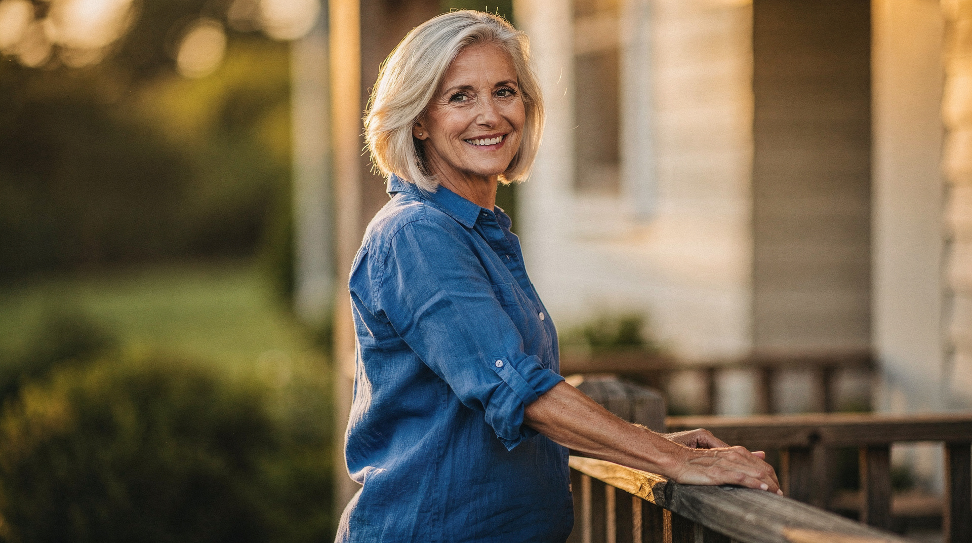 A woman with a silver blonde bob in a blue linen shirt smiling on a porch in late afternoon sunshine