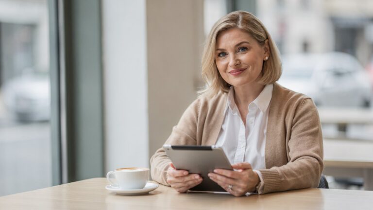 Blonde woman in her mid-forties at a cafe with a tablet, skeptical and amused, reading about estrogen dominance