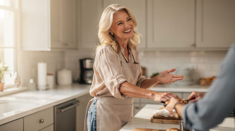 Smiling woman with blonde hair laughing in a kitchen while handing over food