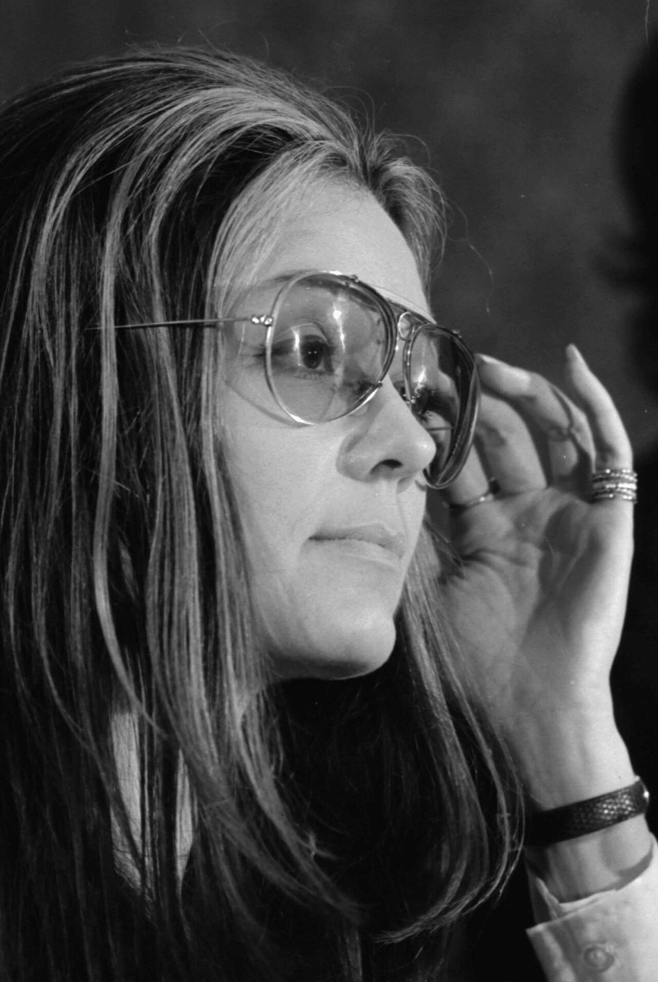 Gloria Steinem speaking at a Women's Action Alliance news conference on 12 January 1972, weeks after the first Ms. issue reached newsstands