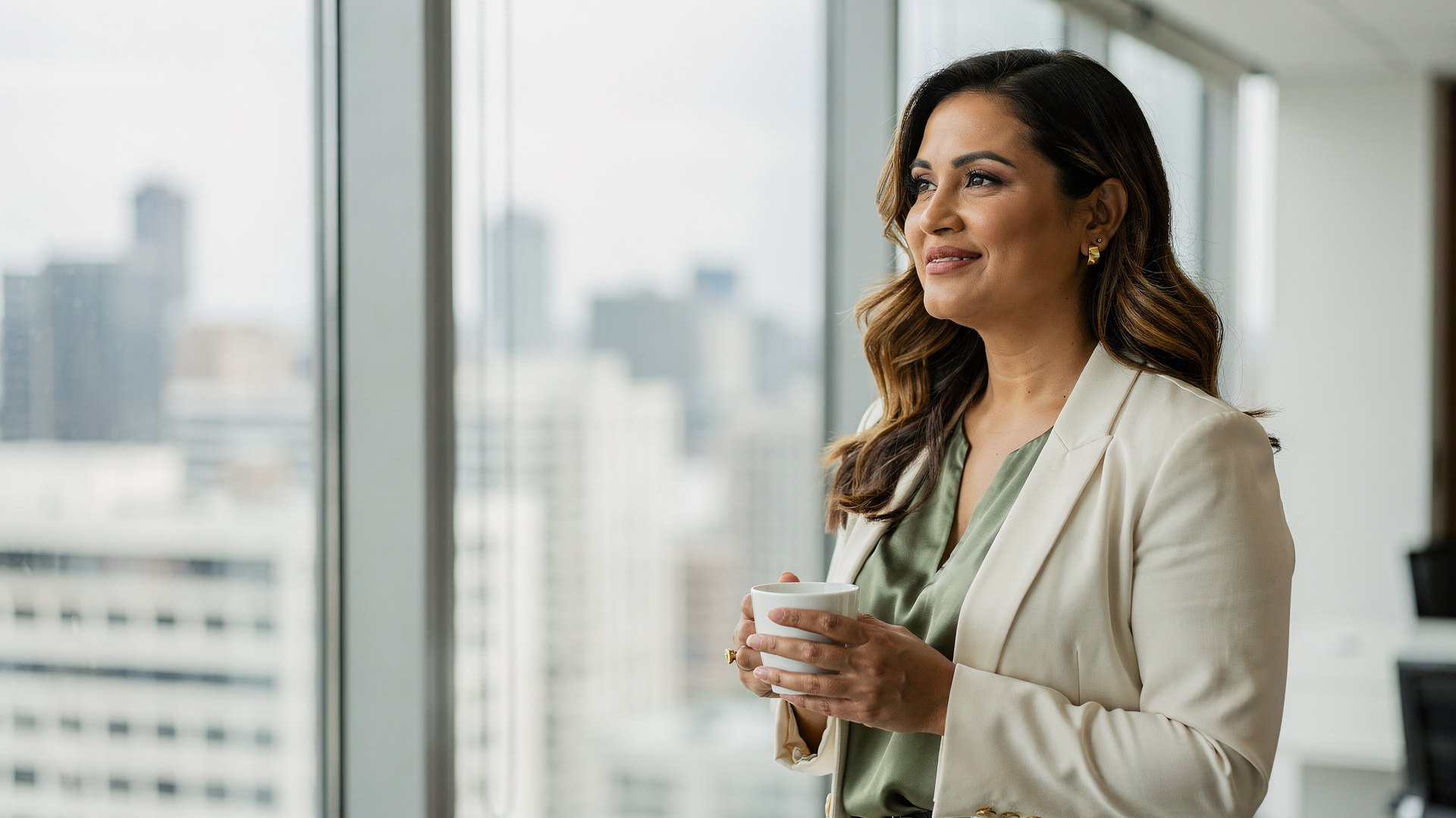 Woman in her mid-forties at an office window with coffee, calm and hopeful, thinking about how long menopause lasts