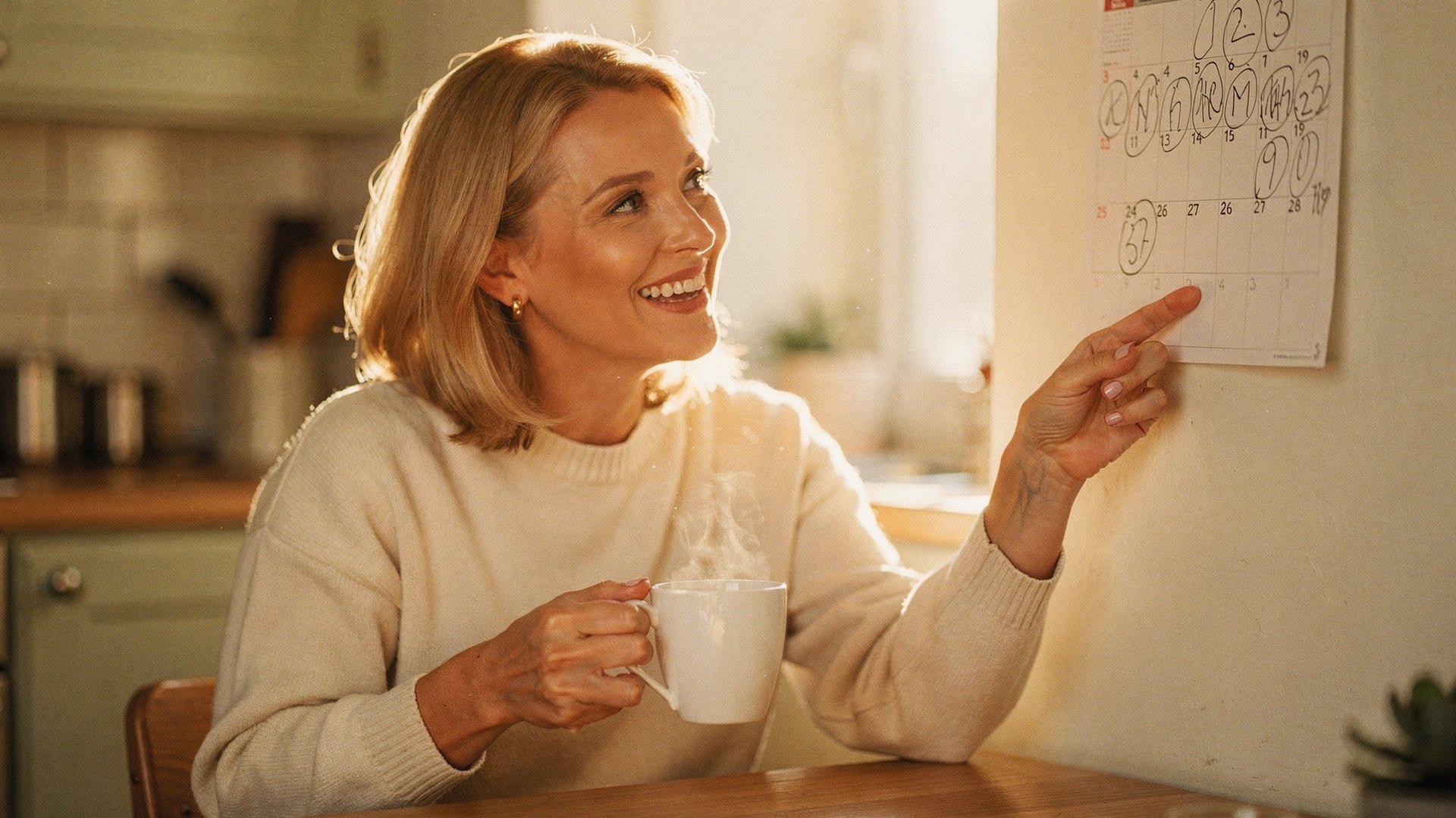 Woman in her mid-forties smiling at a kitchen wall calendar with several dates circled, holding a mug of tea