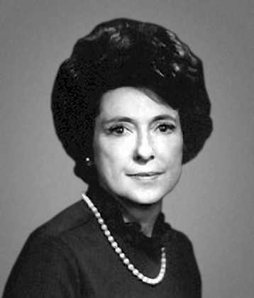 Black and white portrait of Representative Lindy Boggs of Louisiana wearing pearls