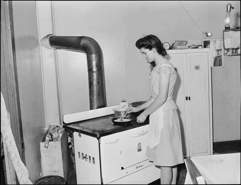 A woman in her kitchen in a four room house, the mid-century American home where the 1950s housewife full-time job was carried out