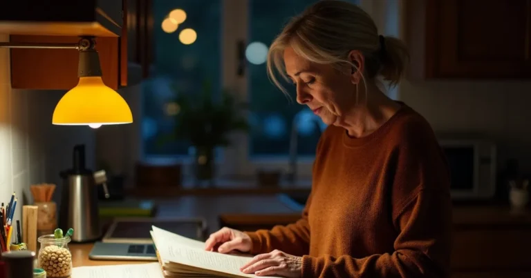 perimenopause adhd: a woman re-reading the same page of an open cookbook at a cluttered kitchen counter late in the evening