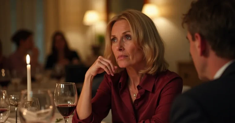 perimenopause histamine intolerance: a woman at a candlelit dinner table beside a half-finished glass of red wine, hand at her flushed throat