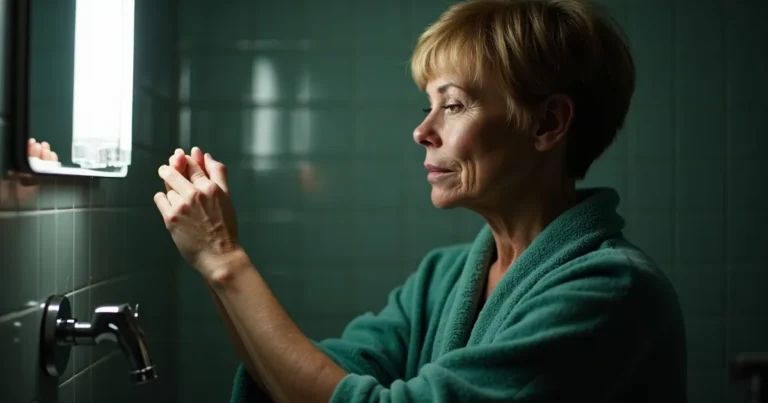 perimenopause itchy skin: a woman checking her bare forearm under a bright bathroom light late at night, with no rash to see