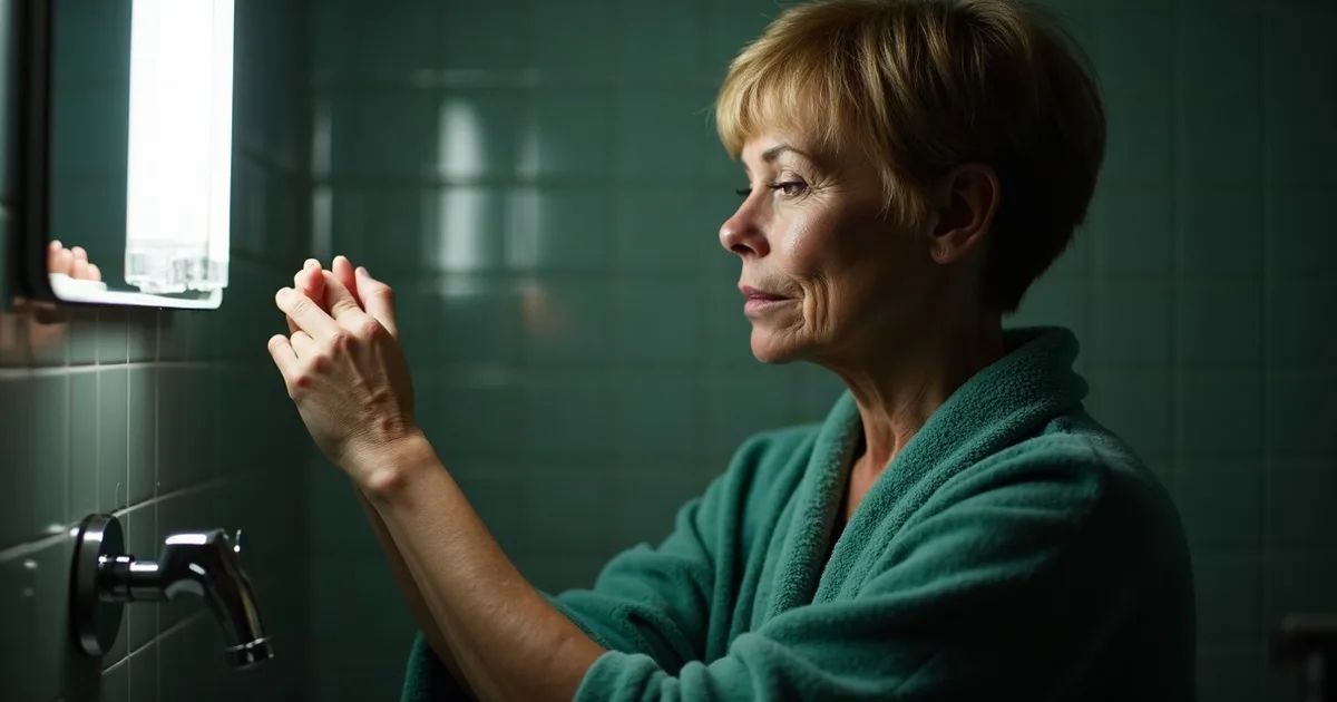 perimenopause itchy skin: a woman checking her bare forearm under a bright bathroom light late at night, with no rash to see