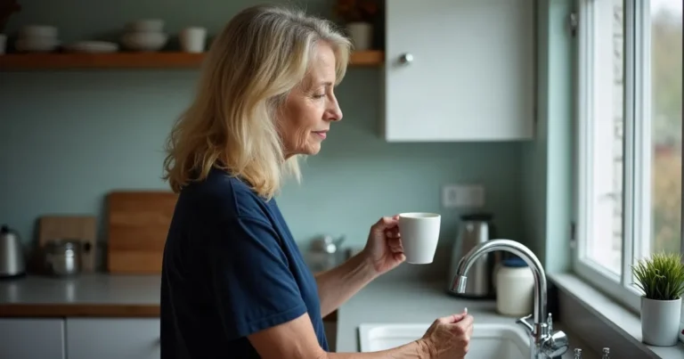 perimenopause nausea: a woman at the kitchen sink in early morning light holding a full mug of tea she has not drunk