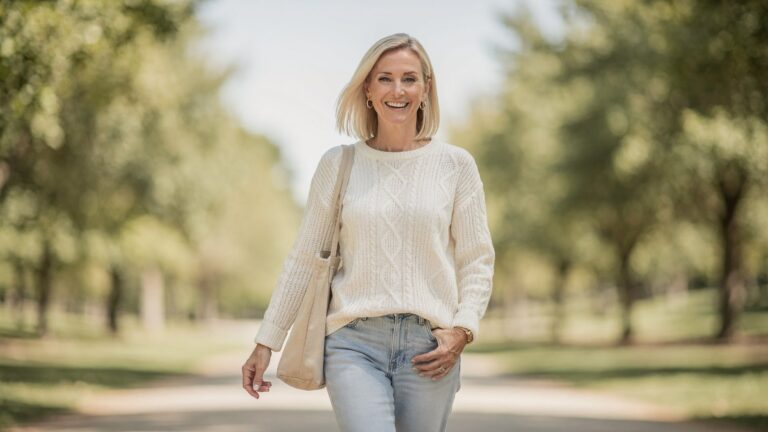 Smiling blonde woman in her late forties walking in a park, confident about managing post menopausal symptoms