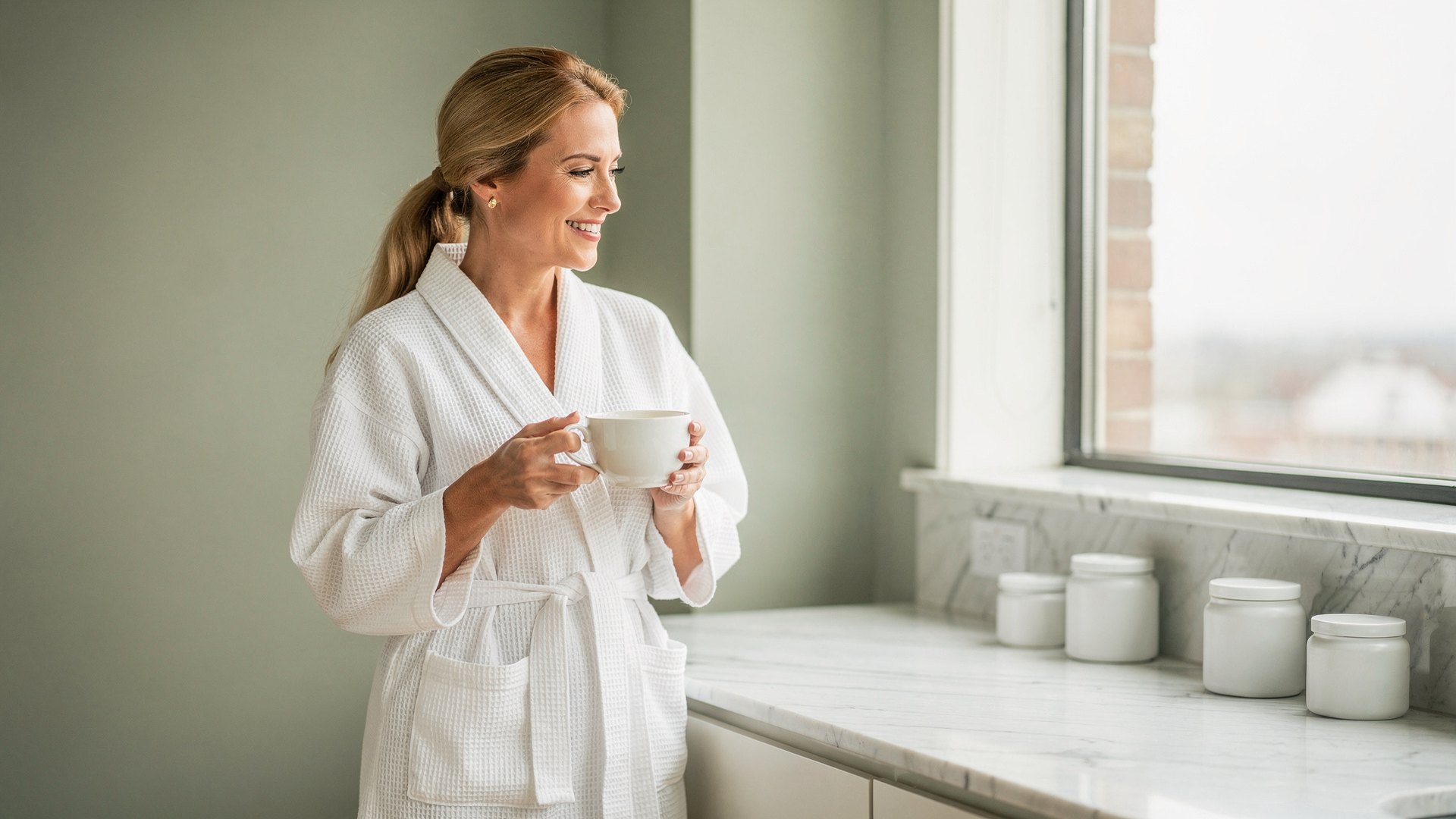 Blonde woman in her mid-forties in a bright bathroom with tea, smiling, weighing progesterone cream against micronized progesterone