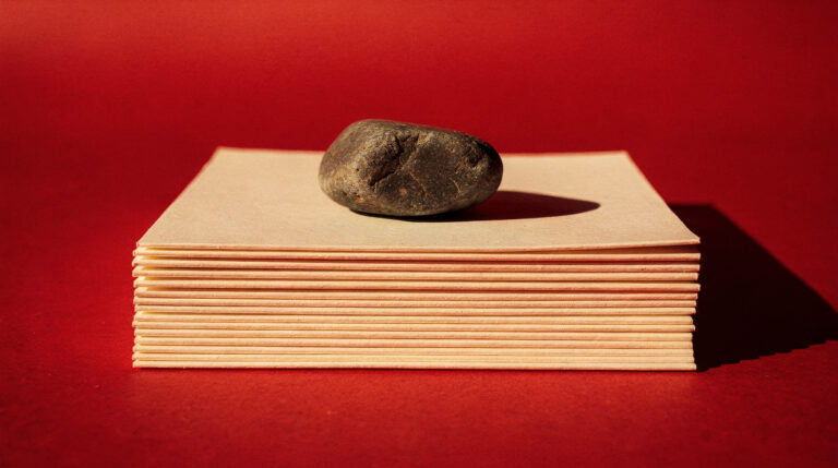 A single dark stone resting on a neat stack of pale paper against a deep red background