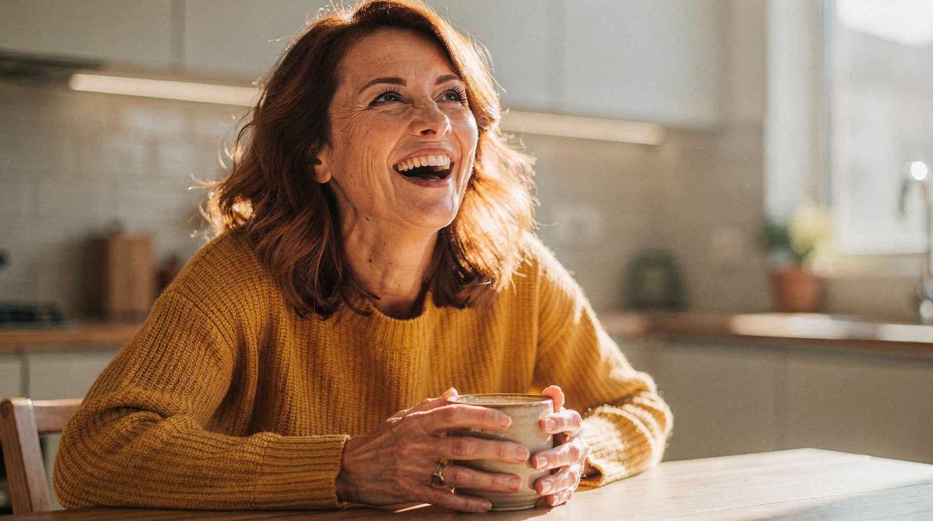 A woman with auburn hair in a mustard sweater laughing at a sunlit kitchen table with a mug in both hands