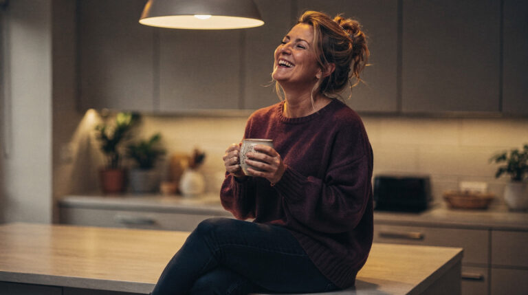 A blonde woman in a plum sweater sitting on a kitchen counter with a mug, laughing, under warm evening lamplight