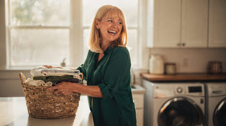 A blonde woman in a green shirt laughing as she lifts a basket of folded laundry onto the counter in a sunlit utility room