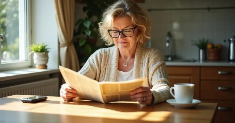 erma bombeck quotes: a woman reading a yellowed newspaper clipping at a sunlit kitchen table, phone face down beside her